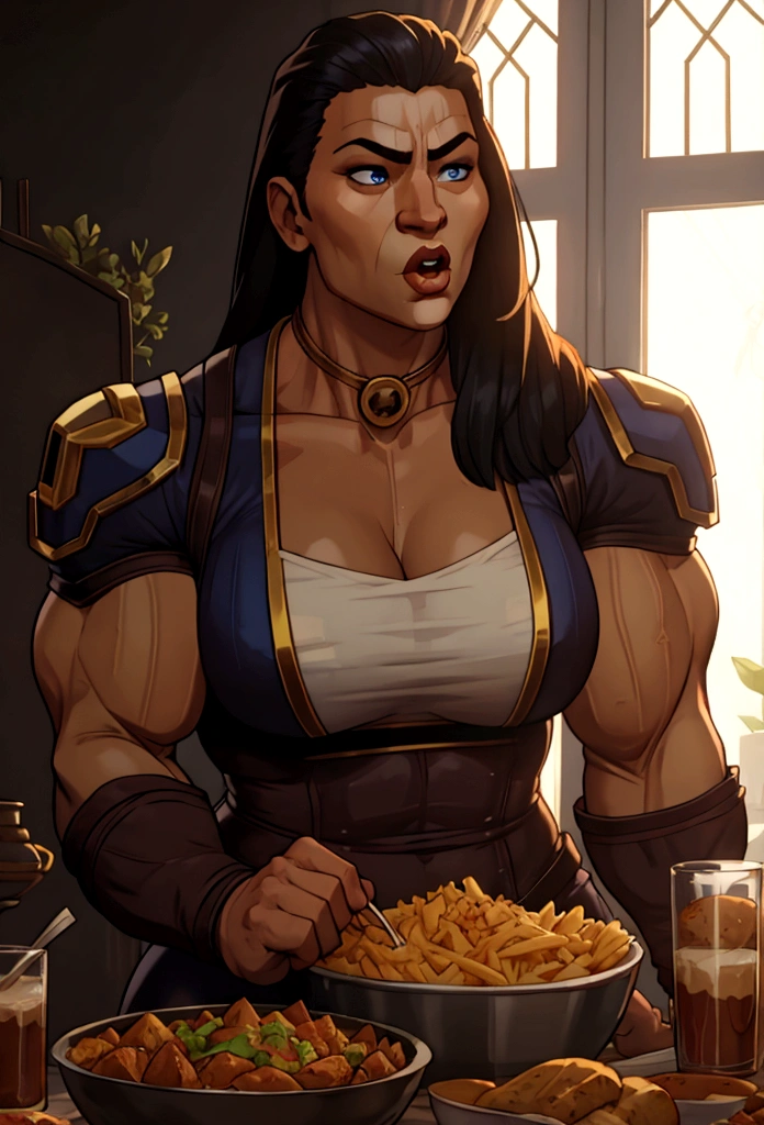 very big power house muscle woman big biceps eats food