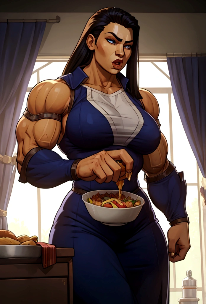 very big power house muscle woman big biceps eats food