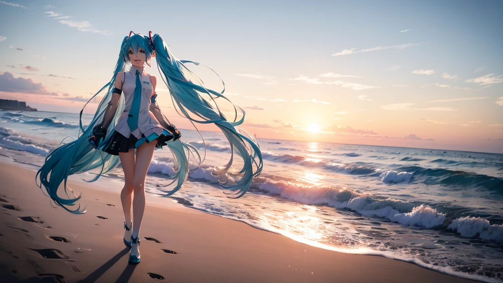 On the beach where the sun sets、An upscaled image of Hatsune Miku walking with her translucent blue hair flowing in the wind。She is dressed in futuristic clothing.、Sing freely、Laughing。