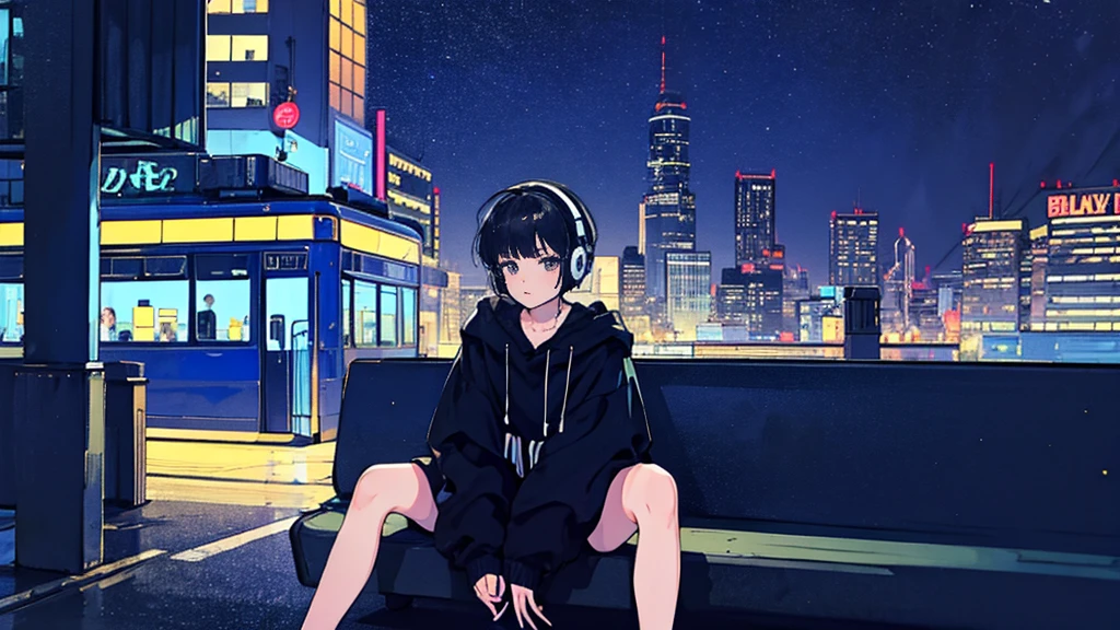 Black short Hair, Black Clothing, One Adult Woman Looking Sideways ,Blue headphones、 City of night, Delicate background、Masterpiece、Night Town、night、dark、Nostalgic、Street Corner、sit