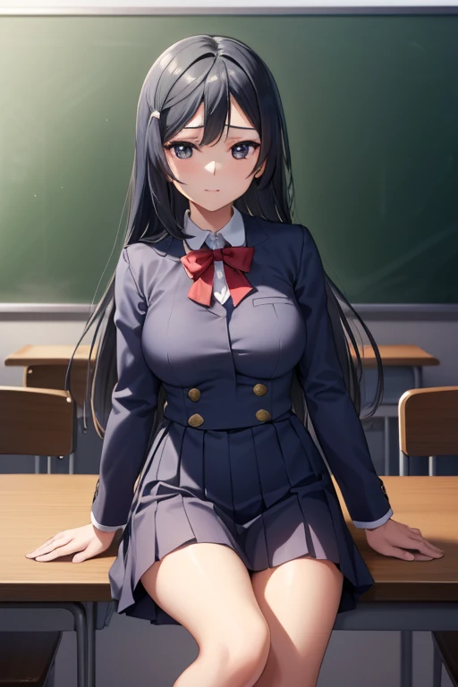 setunayuuki, Setsuna Yuuki, (Iris:1.5), Black Hair, Long Hair, One side up, (Mid-chest:1.2), 
break looking at viewer, 
break indoors, classroom, 
break (masterpiece:1.2), Highest quality, High resolution, ユニティ 8k wall紙, (figure:0.8), (Beautiful attention to detail:1.6), Highly detailed face, Perfect lighting, Highly detailed CG, (Perfect hands, Perfect Anatomy),classroom、wall、Lift shirt、uniform、Beautiful nipples