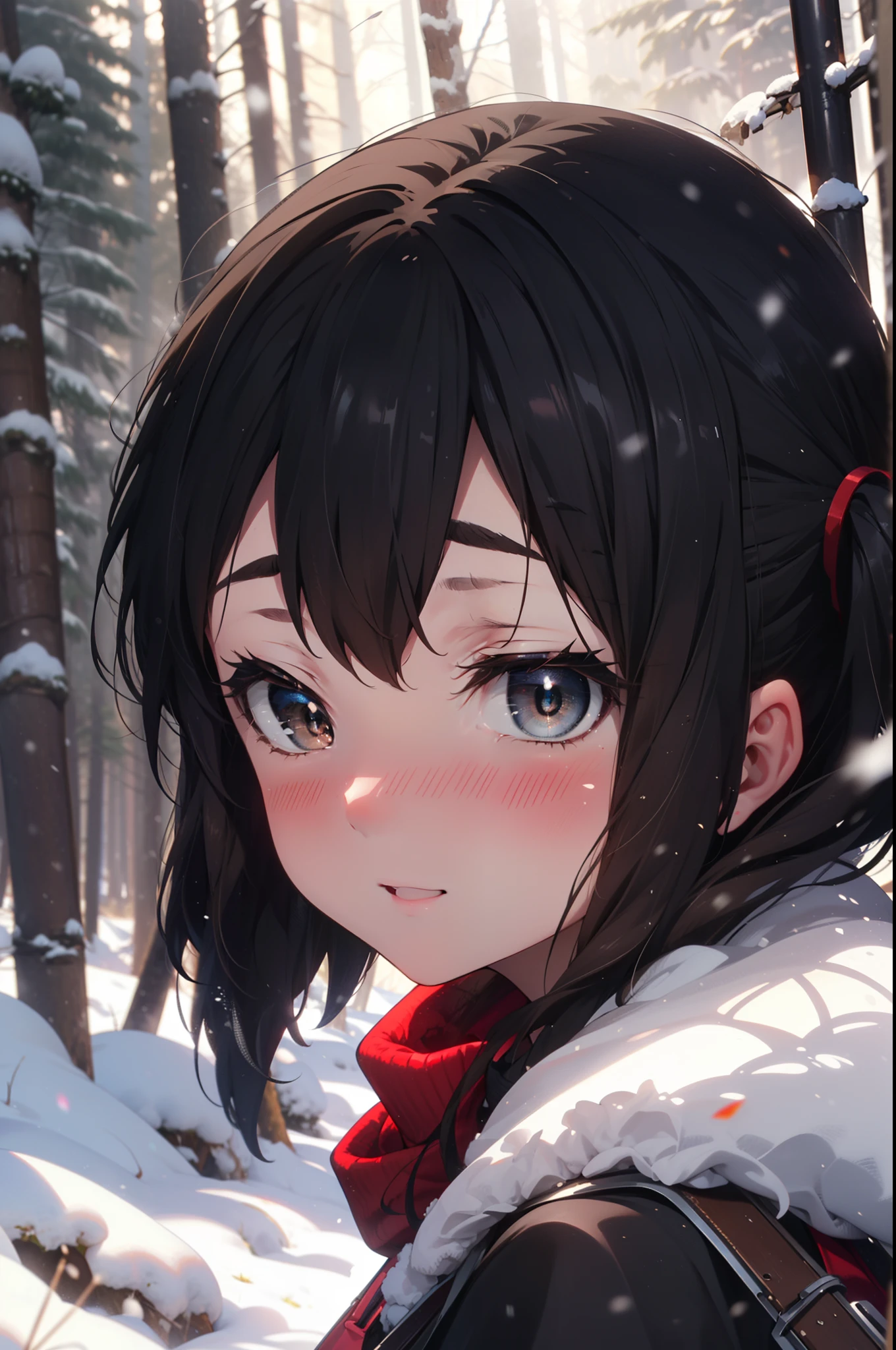is, Azusa Nakano, Black Hair, (Brown eyes:1.5), Long Hair, ,Twin tails,smile,smile,blush,White Breath,
Open your mouth,snow,Ground bonfire,, Outdoor, boots, snowing, From the side, wood, suitcase, Cape, Blurred, , forest, White handbag, nature, Squat, Mouth closed, Cape, winter, Written boundary depth, Black shoes, red Cape break looking at viewer, Upper Body, whole body, break Outdoor, forest, nature, break (masterpiece:1.2), Highest quality, High resolution, unity 8k wallpaper, (shape:0.8), (Beautiful and beautiful eyes:1.6), Highly detailed face, Perfect lighting, Extremely detailed CG, (Perfect hands, Perfect Anatomy),