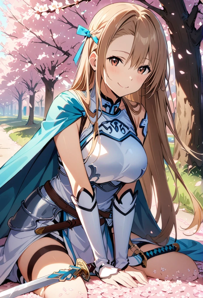 alone, 1 Girl, Asuna, salary, keep, arms, Focus on women, sword, Cape, armor, Lambent Light, Handguard, sheath,  armor, full armor, A soft smile，Cherry blossoms blooming all over the place，Falling cherry blossom petals background　(((masterpiece)))， ((Highest quality))， ((Intricate details))　(8K)