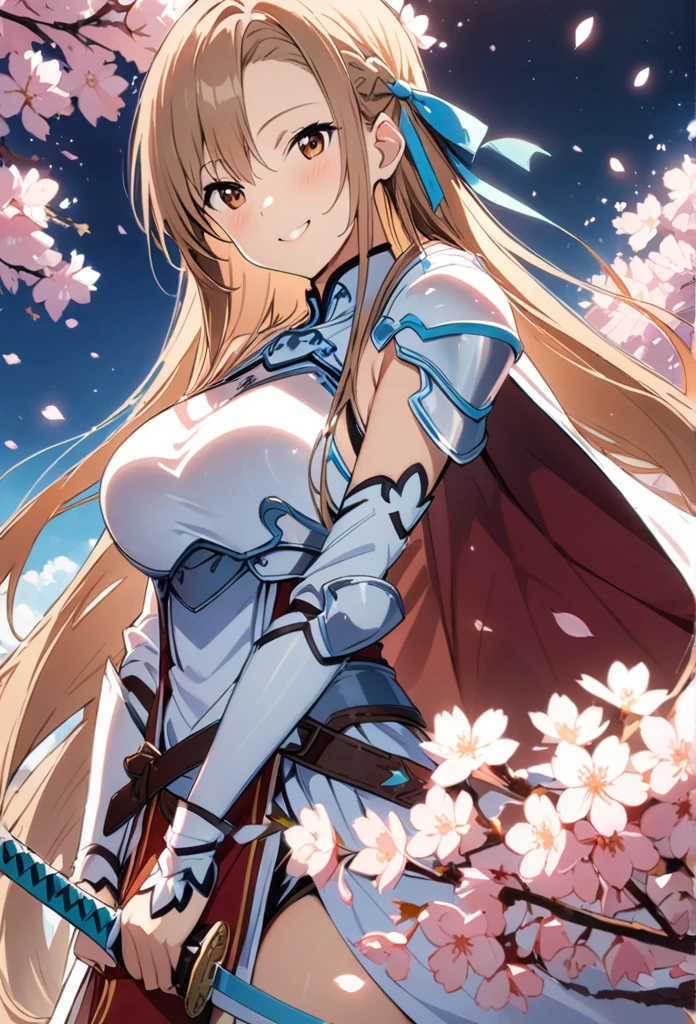 alone, 1 Girl, Asuna, salary, keep, arms, Focus on women, sword, Cape, armor, Lambent Light, Handguard, sheath,  armor, full armor, A soft smile，Cherry blossoms blooming all over the place，Falling cherry blossom petals background　(((masterpiece)))， ((Highest quality))， ((Intricate details))　(8K)