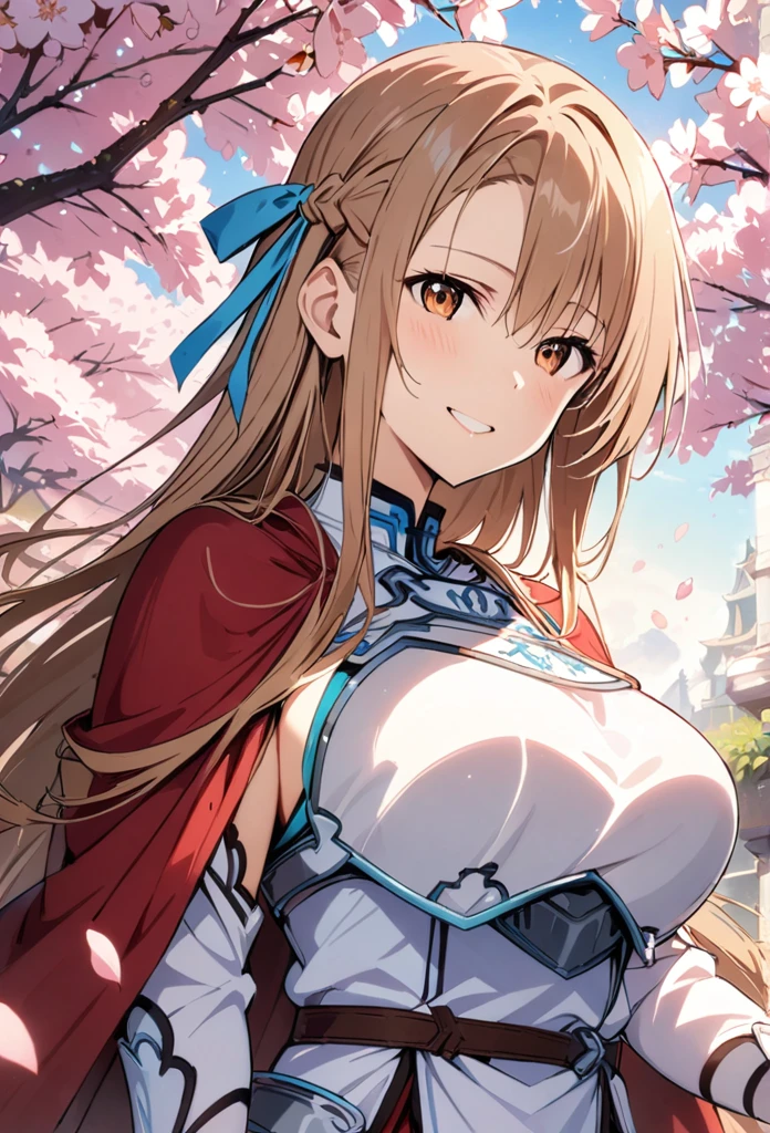 alone, 1 Girl, Asuna, salary, keep, arms, Focus on women, sword, Cape, armor, Lambent Light, Handguard, sheath,  armor, full armor, A soft smile，Cherry blossoms blooming all over the place，Falling cherry blossom petals background　(((masterpiece)))， ((Highest quality))， ((Intricate details))　(8K)