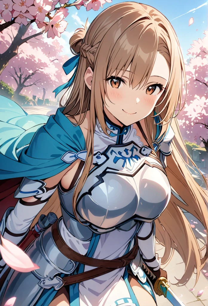 alone, 1 Girl, Asuna, salary, keep, arms, Focus on women, sword, Cape, armor, Lambent Light, Handguard, sheath,  armor, full armor, A soft smile，Cherry blossoms blooming all over the place，Falling cherry blossom petals background　(((masterpiece)))， ((Highest quality))， ((Intricate details))　(8K)