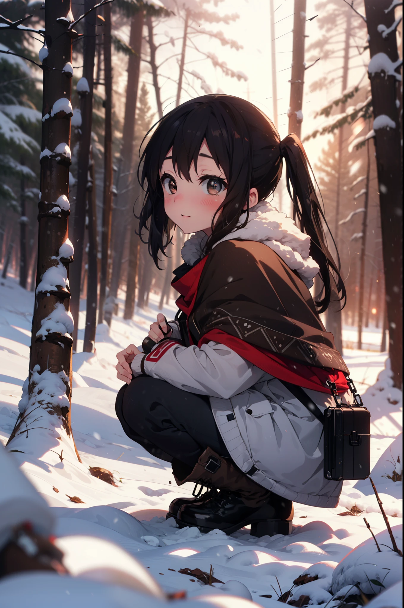 is, Azusa Nakano, Black Hair, (Brown eyes:1.5), Long Hair, ,Twin tails,smile,smile,blush,White Breath,
Open your mouth,snow,Ground bonfire,, Outdoor, boots, snowing, From the side, wood, suitcase, Cape, Blurred, , forest, White handbag, nature,  Squat, Mouth closed, Cape, winter, Written boundary depth, Black shoes, red Cape break looking at viewer, Upper Body, whole body, break Outdoor, forest, nature, break (masterpiece:1.2), Highest quality, High resolution, unity 8k wallpaper, (shape:0.8), (Beautiful and beautiful eyes:1.6), Highly detailed face, Perfect lighting, Extremely detailed CG, (Perfect hands, Perfect Anatomy),