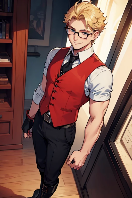 male, blue eyes, blonde hair, (((1boy))), (((red sleeveless waistcoat))), (white shirt with sleeves rolled up), (black pants), (black boots), (black belt), (glasses), (black fingerless gloves), long legs, trimmed goatee, slender, smiling