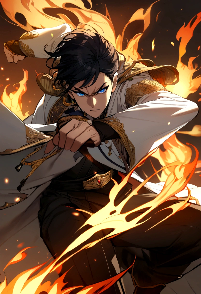 1boy, wearing white jacket, blue eyes, black hair, fighting, fire