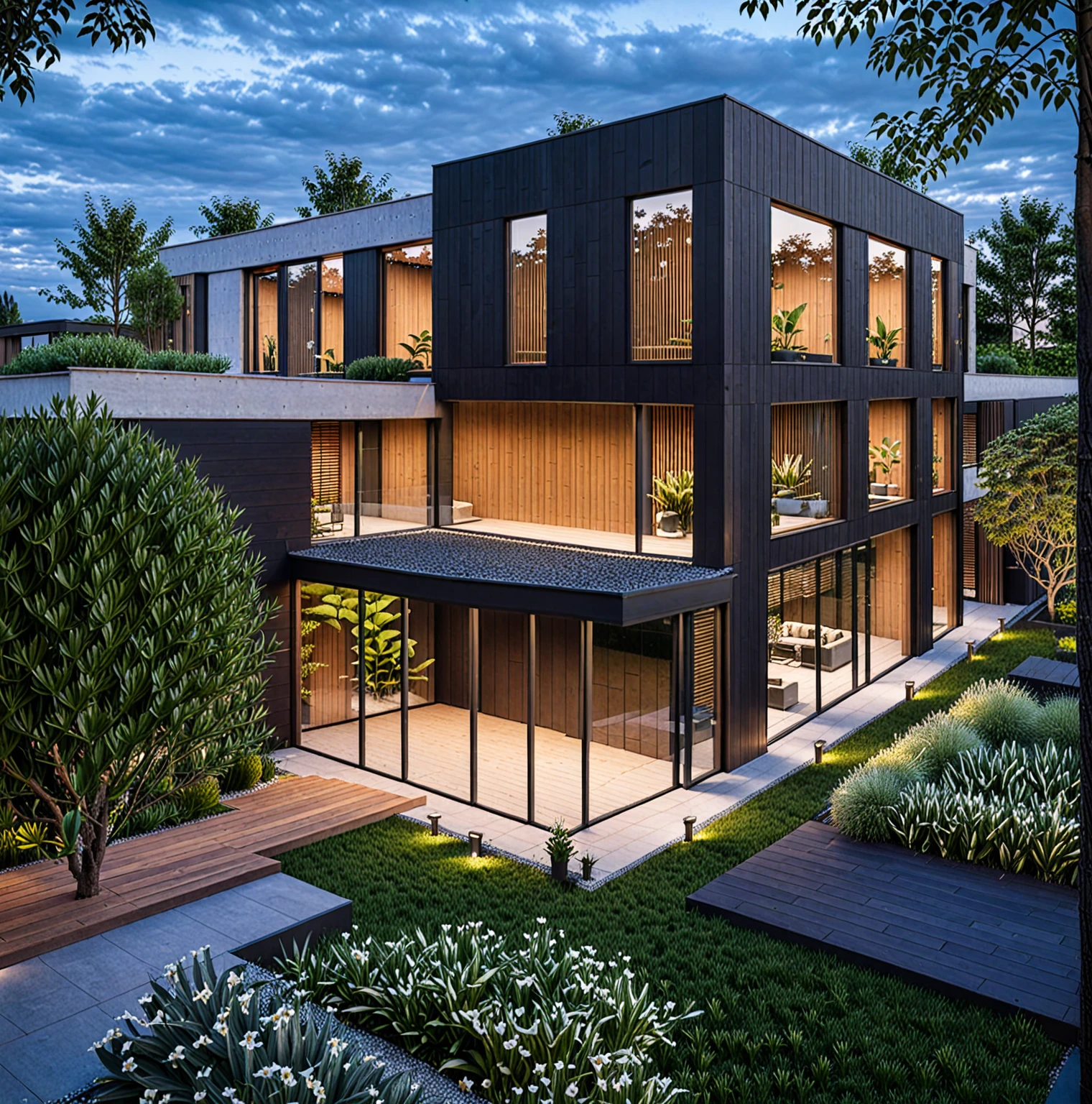 RAW photo of a modern house, garden, plants and trees,black color, wood material, mix material, Architecture Photography, cinematic photo, 35mm photograph, 8k, highly detailed, super realistic, jzcg