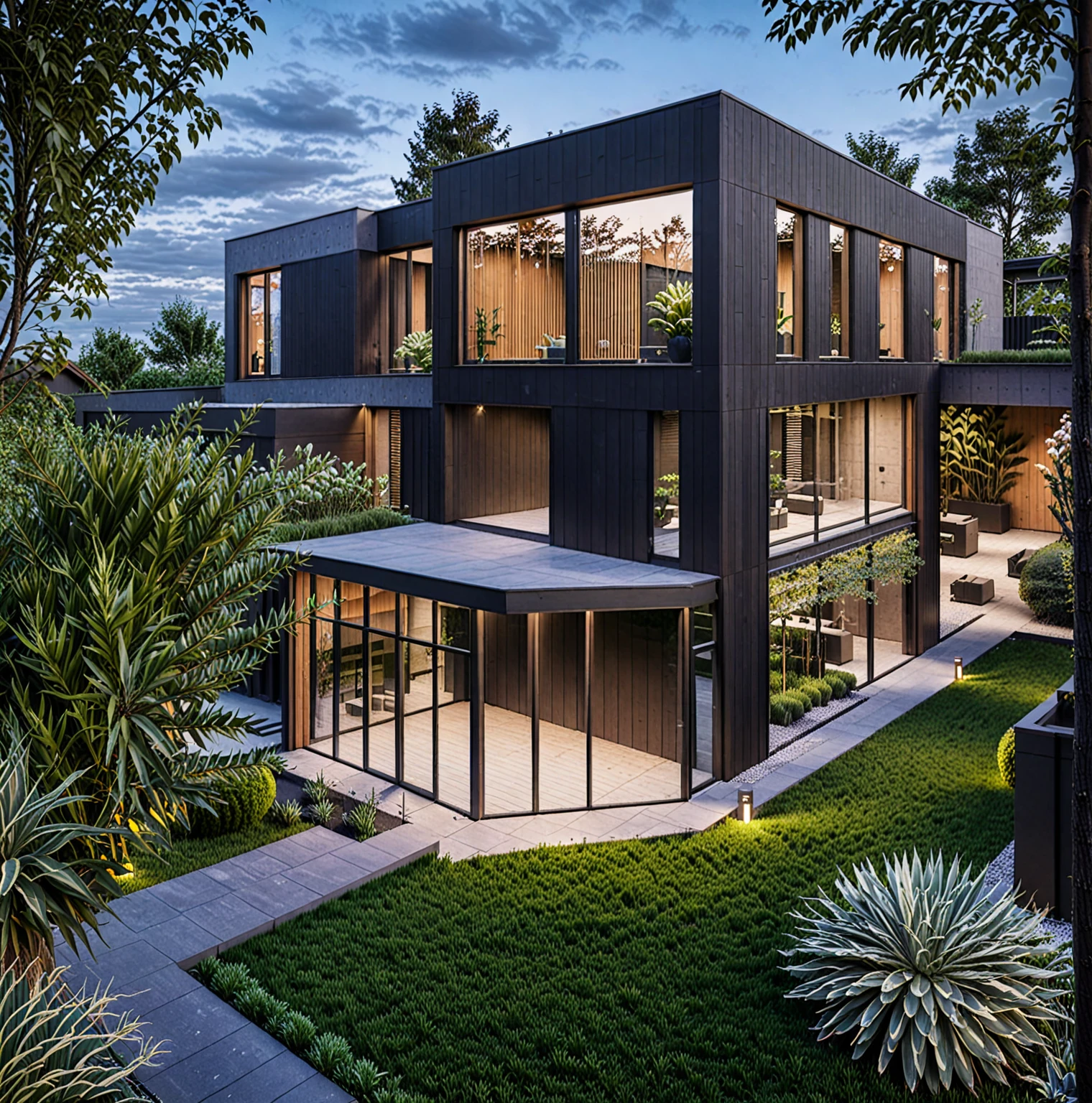 RAW photo of a modern house, garden, plants and trees,black color, wood material, mix material, Architecture Photography, cinematic photo, 35mm photograph, 8k, highly detailed, super realistic, jzcg