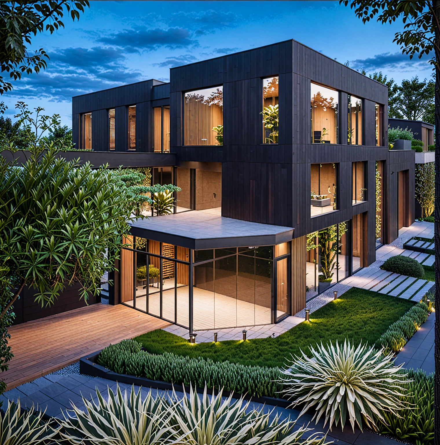 RAW photo of a modern house, garden, plants and trees,black color, wood material, mix material, Architecture Photography, cinematic photo, 35mm photograph, 8k, highly detailed, super realistic, jzcg