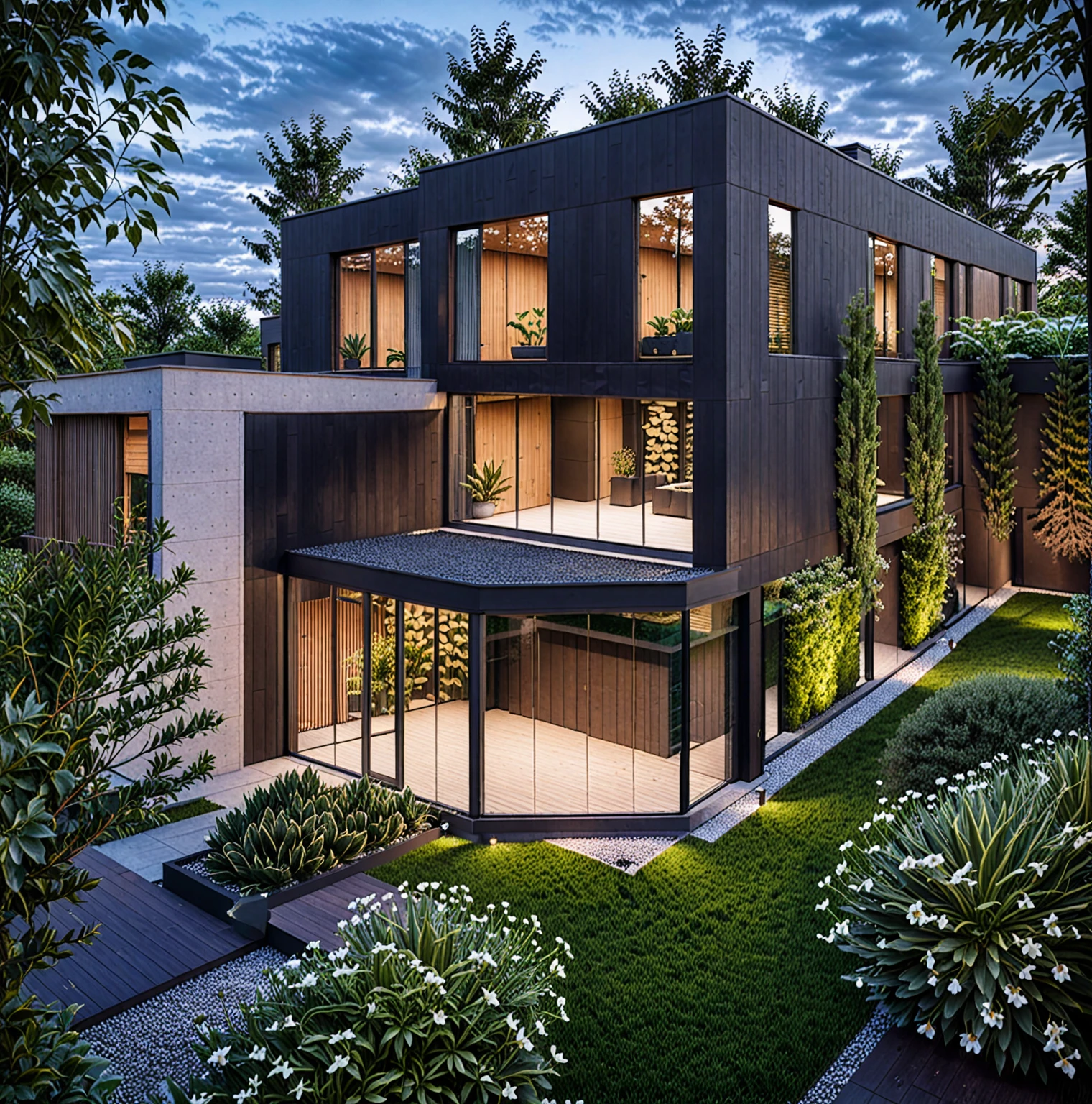 RAW photo of a modern house, garden, plants and trees,black color, wood material, mix material, Architecture Photography, cinematic photo, 35mm photograph, 8k, highly detailed, super realistic, jzcg