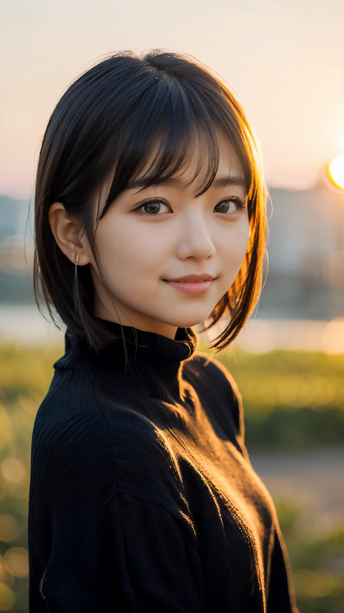 (masterpiece:1.2),(Highest quality),(Very detailed:1.2),(High resolution),(Photorealistic Stick),(RAW Photos),8K,Close-up of a woman in a black sweater,Soft portrait shots,Beautiful Japanese Women,Gorgeous face portrait,Eye light,Girl of the person himself,Very beautiful face,Beautiful portrait,A lovely and delicate face,Beautiful young Japanese woman,Mature hairstyle,Looking into the distance(Sunset in the background),(((Blur the background))),(Gentle light:1.5),(Front view),(POV shot),(smile)