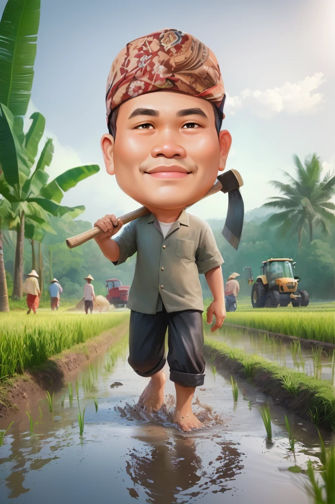 cartoon man walking through a muddy field with a large axe, The head wears a typical Javanese headgear blangkon, caricature illustration, farmer, Indonesian farmer, caricature style, cartoon portrait, cartoon digital painting, caricature, official illustration, cartoon digital art, in cartoon style, inspired by Rudy Siswanto, inspired by I Ketut Soki, potrait, digital cartoon painting art, digital art cartoon, cartoon artstyle