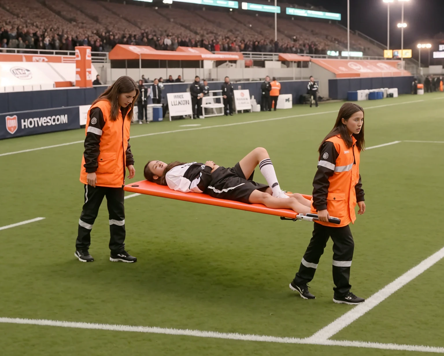 There is a man lying on a stretcher with his hands crossed over his face, a man in a t-shirt and sports shorts has crossed his hands over his face, the man has an agonised face under his hands, two longhaired and ponytailed women that are wearing very shiny coats, there are longhaired women wearing laquered puffy coats, longhaired women are walking in wetlook puffy coats, several women walking around a football field with an injured athlete on a stretcher, the injured athlete on the stretcher covers his face with both hands, the women look very worried, behind the women there is a frightening atmosphere, there is heavy rainfall in the background, video still