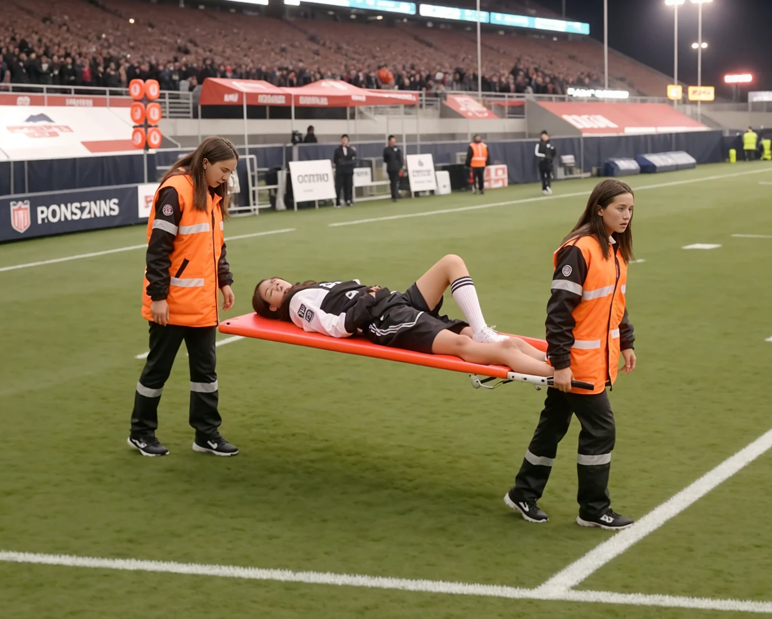 There is a man lying on a stretcher with his hands crossed over his face, a man in a t-shirt and sports shorts has crossed his hands over his face, the man has an agonised face under his hands, two longhaired and ponytailed women that are wearing very shiny coats, there are longhaired women wearing laquered puffy coats, longhaired women are walking in wetlook puffy coats, several women walking around a football field with an injured athlete on a stretcher, the injured athlete on the stretcher covers his face with both hands, the women look very worried, behind the women there is a frightening atmosphere, there is heavy rainfall in the background, video still