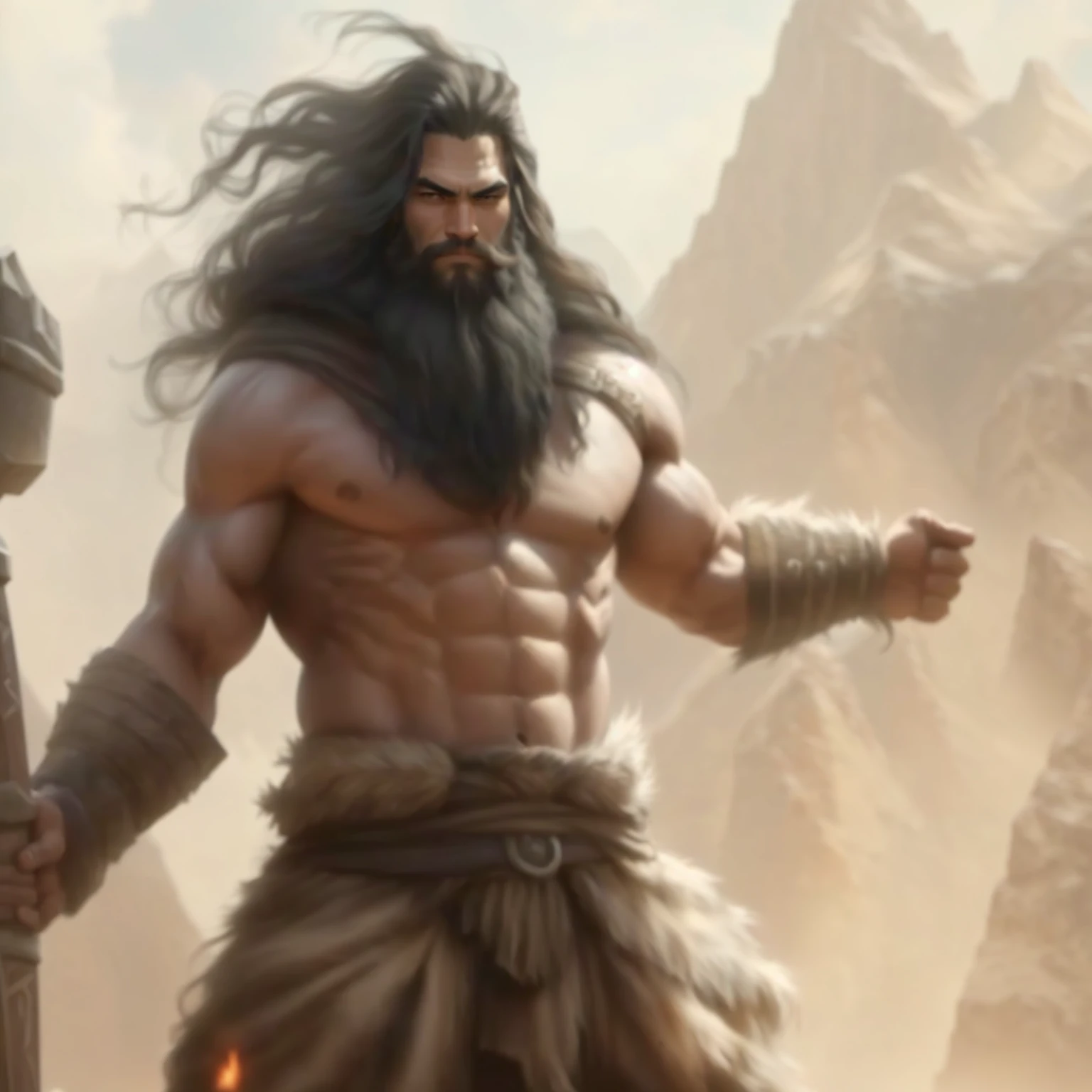 A bearded man standing in front of a mountain, Jason Momoa as Assyrian, barbarian, barbarian warrior, male barbarian, Goliath&#39;s, Photo of an adult male warrior, Muscular personality, Rough Portrait of Zeus, Dwayne Johnson as God of War, snoop dogg as a barbarian, Muscular personalitys, fur-clad barbarian goliath