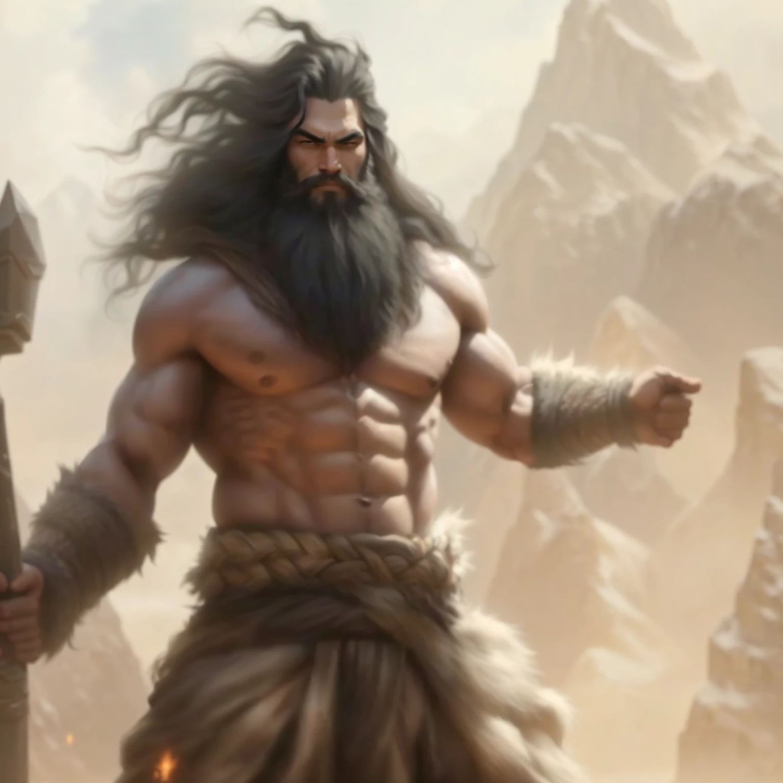 A bearded man standing in front of a mountain, Jason Momoa as Assyrian, barbarian, barbarian warrior, male barbarian, Goliath's, Photo of an adult male warrior, Muscular personality, Rough Portrait of Zeus, Dwayne Johnson as God of War, snoop dogg as a barbarian, Muscular personalitys, fur-clad barbarian goliath