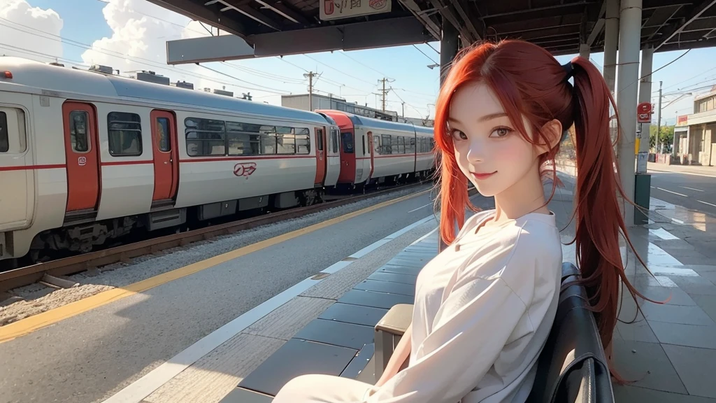 score_9,score_8_superior,score_7_superior,score_6_superior,sauce_anime,alone,One girl,From the side,View your viewers,Redhead,Red eyes,Short Twin Tails,Straight hair,Long Hair,,A light smile,Medium chest,Sitting,train_station,cloud,