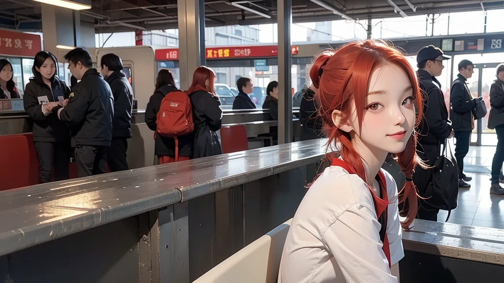 score_9,score_8_superior,score_7_superior,score_6_superior,sauce_anime,alone,One girl,From the side,View your viewers,Redhead,Red eyes,Short Twin Tails,Straight hair,Long Hair,,A light smile,Medium chest,Sitting,train_station,cloud,