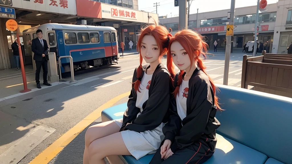 score_9,score_8_superior,score_7_superior,score_6_superior,sauce_anime,alone,One girl,From the side,View your viewers,Redhead,Red eyes,Short Twin Tails,Straight hair,Long Hair,,A light smile,Medium chest,Sitting,train_station,cloud,