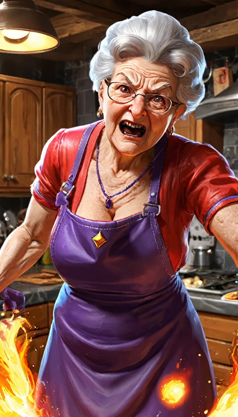 Fighting game style granny, Talk to your audience, Spitfire, Spellcasting . Dynamic, Energetic, Dynamic, Detailed character design, Reminiscent of fighting games,The background is the kitchen