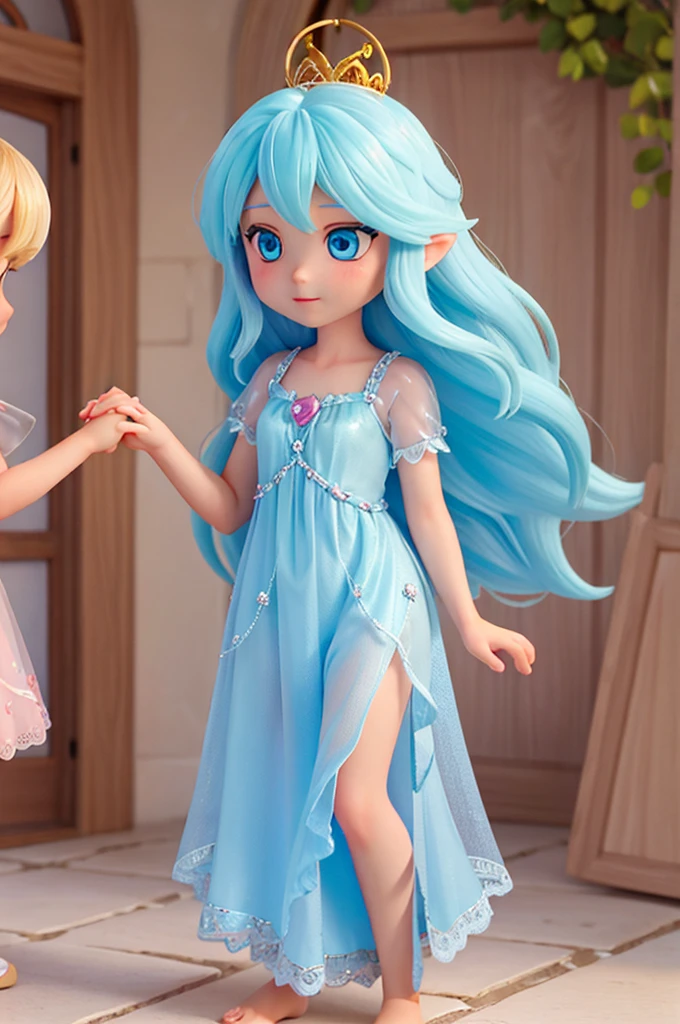 a with long golden hair, sparkling blue eyes in a light blue nightgown.
she is holding hands with a fairy with transparent fairy wings, blonde hair and pink dress