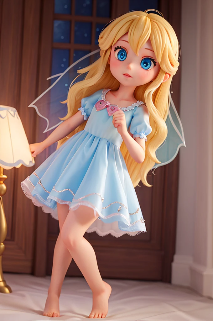 a with long golden hair, sparkling blue eyes in a light blue nightgown.
she is holding hands with a fairy with transparent fairy wings, blonde hair and pink dress