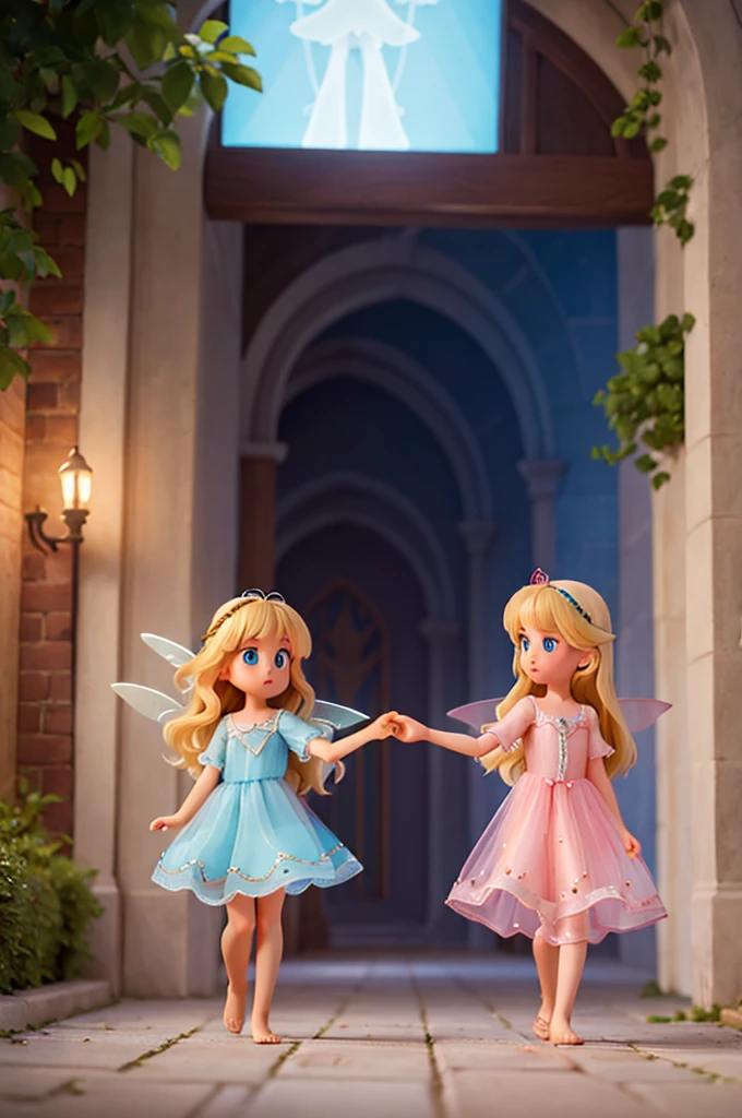 a with long golden hair, sparkling blue eyes in a light blue nightgown.
she is holding hands with a fairy with transparent fairy wings, blonde hair and pink dress