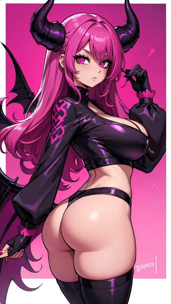 magenta long hair + magenta glowing eyes + magenta nails + magenta demon horns + magenta demon tail + magenta demon wings on her back + big breast + big ass