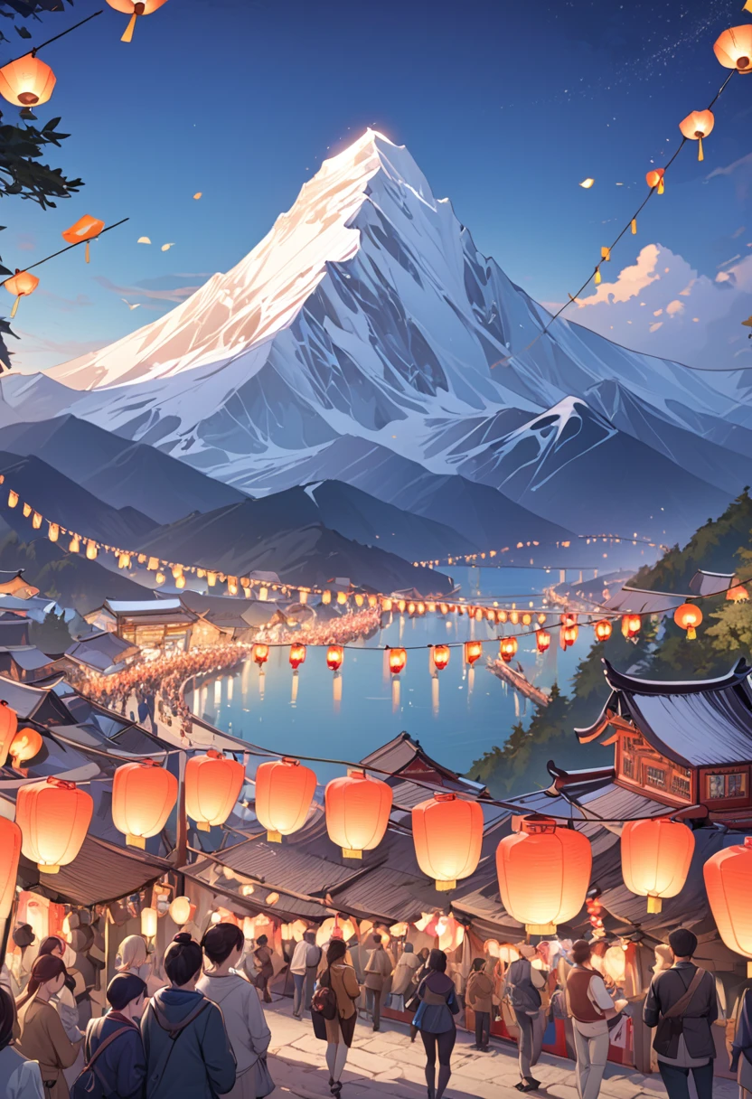 Sea，mountain peak，(((festival，Kongming Lantern Wishing Lantern)))，Beautiful and dreamy pictures