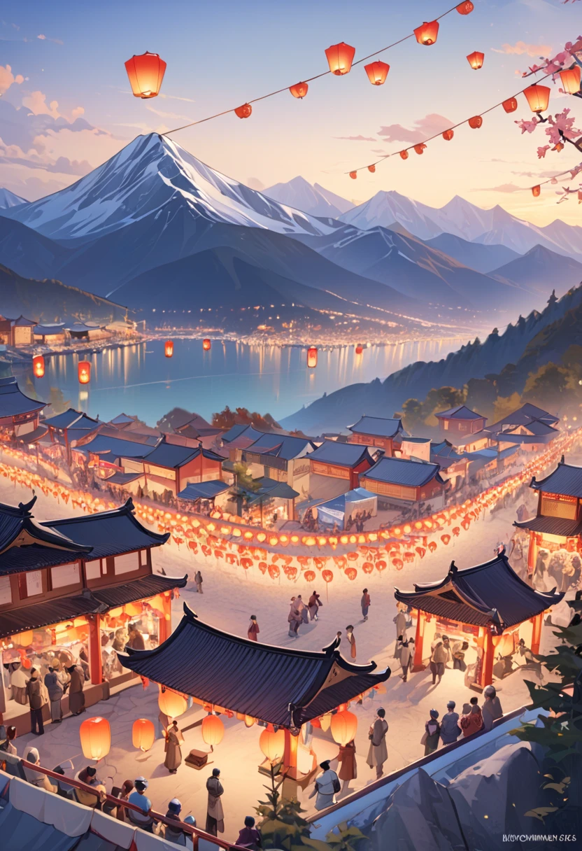 Sea，mountain peak，(((festival，Kongming Lantern Wishing Lantern)))，Beautiful and dreamy pictures