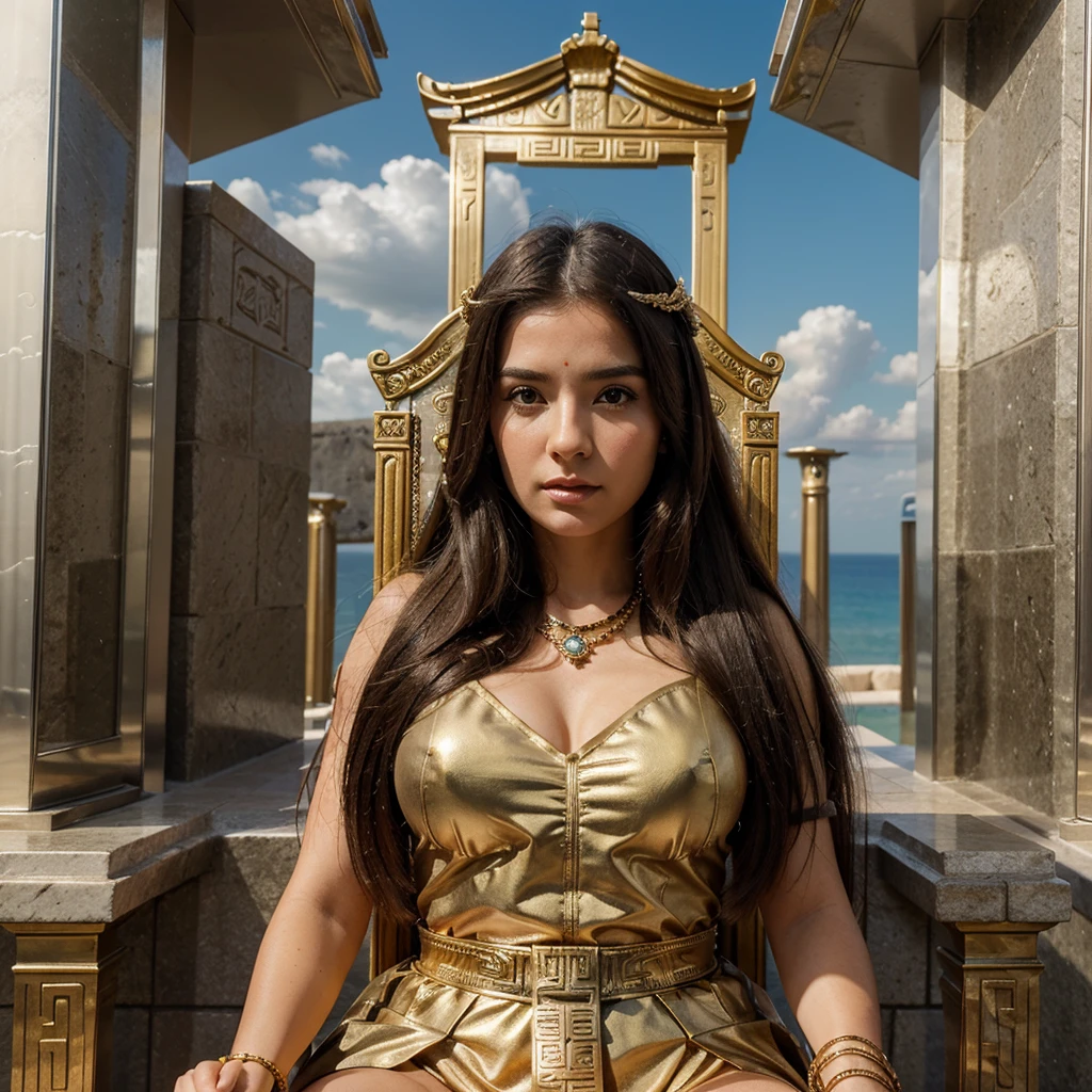 1girl in, 30 years old, Square face, Long hair, Looking at viewer, jewelry, Realistic, Sexy, Greek gods costume, temple - throne-sky-cloud , free pose