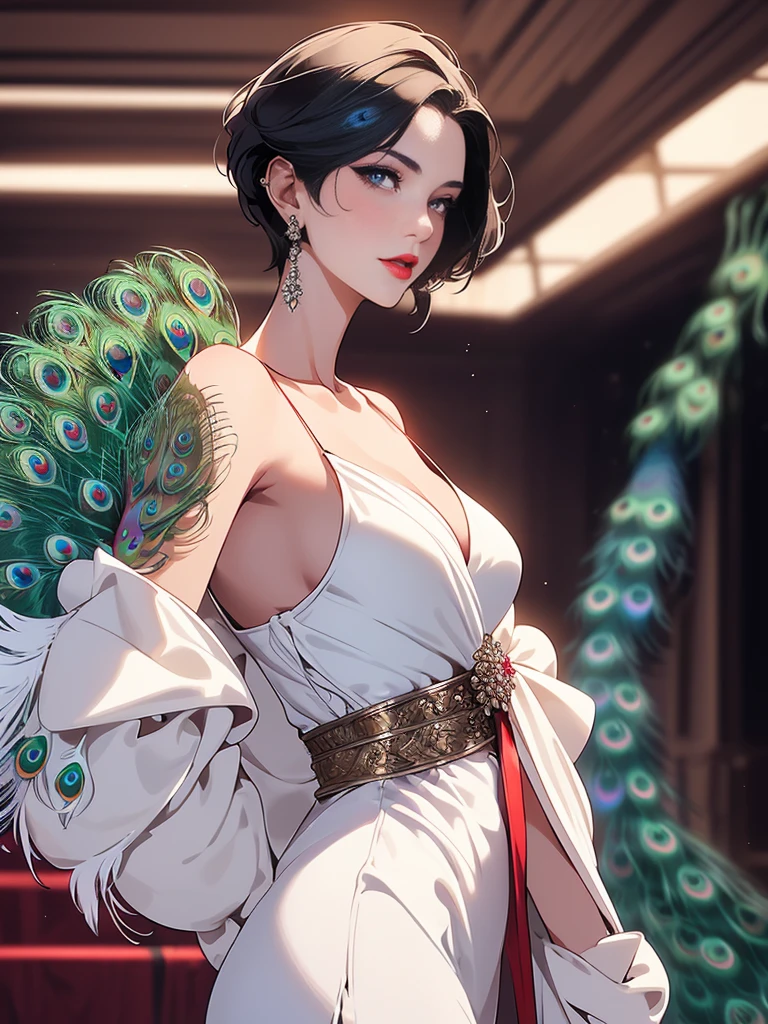 Masterpiece, digital artwork, A gorgeous adult woman in satin white dress with a ((drag of peacock_feathers:1.2)), short hair, waist, ball room, vector art, cell shading, sharp nose, full luscious red lips, hyperdetailed face, highly detailed, art by Yo Shimizu, art by Loish, art by Ilya Kuvshinov,