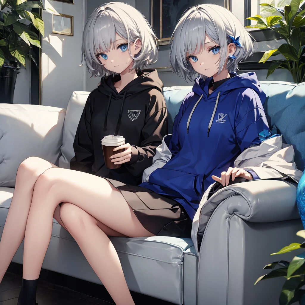 (((1 person　Gray Hair　Sit on the sofa　Crossing your legs　blue eyes)))　((High resolution　short hair　hoodie　Black Skirt　Rin々Funny face))　((Close-up))　((Blue butterfly　Asahi　Shining Aura　Catch the wind　Holding a cup　Drink coffee))　(smile　Bathed in light)　Shining Background　Shining Edge