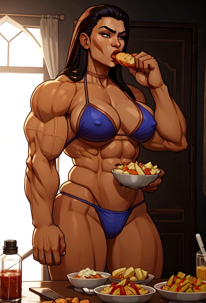 very big power house muscle woman big biceps eats food bikini