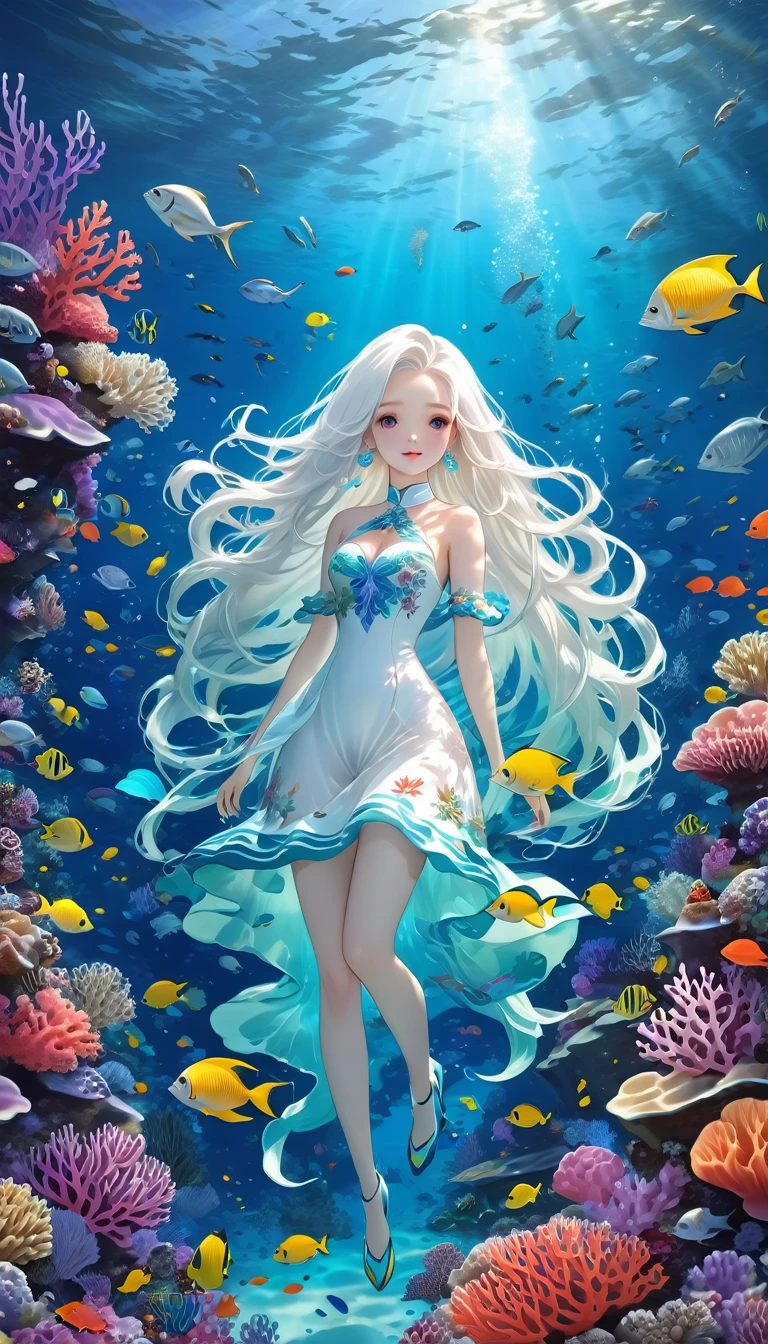 Marine Lifeの概念芸術、Undersea scenery、Marine Life、Beautiful coral reefs come in many forms、3d、fish、Women Animated Fantasy Illustration。Long white hair scattered in the sea、drifting、Very harmonious。The whole picture is、It features a messy and imaginative painting style.。The colors are bright and saturated.、Drawn with smooth lines。The mystery and beauty of the sea、The painting depicts an underwater world full of life and vitality.、Animation Art Wallpaper 8K
