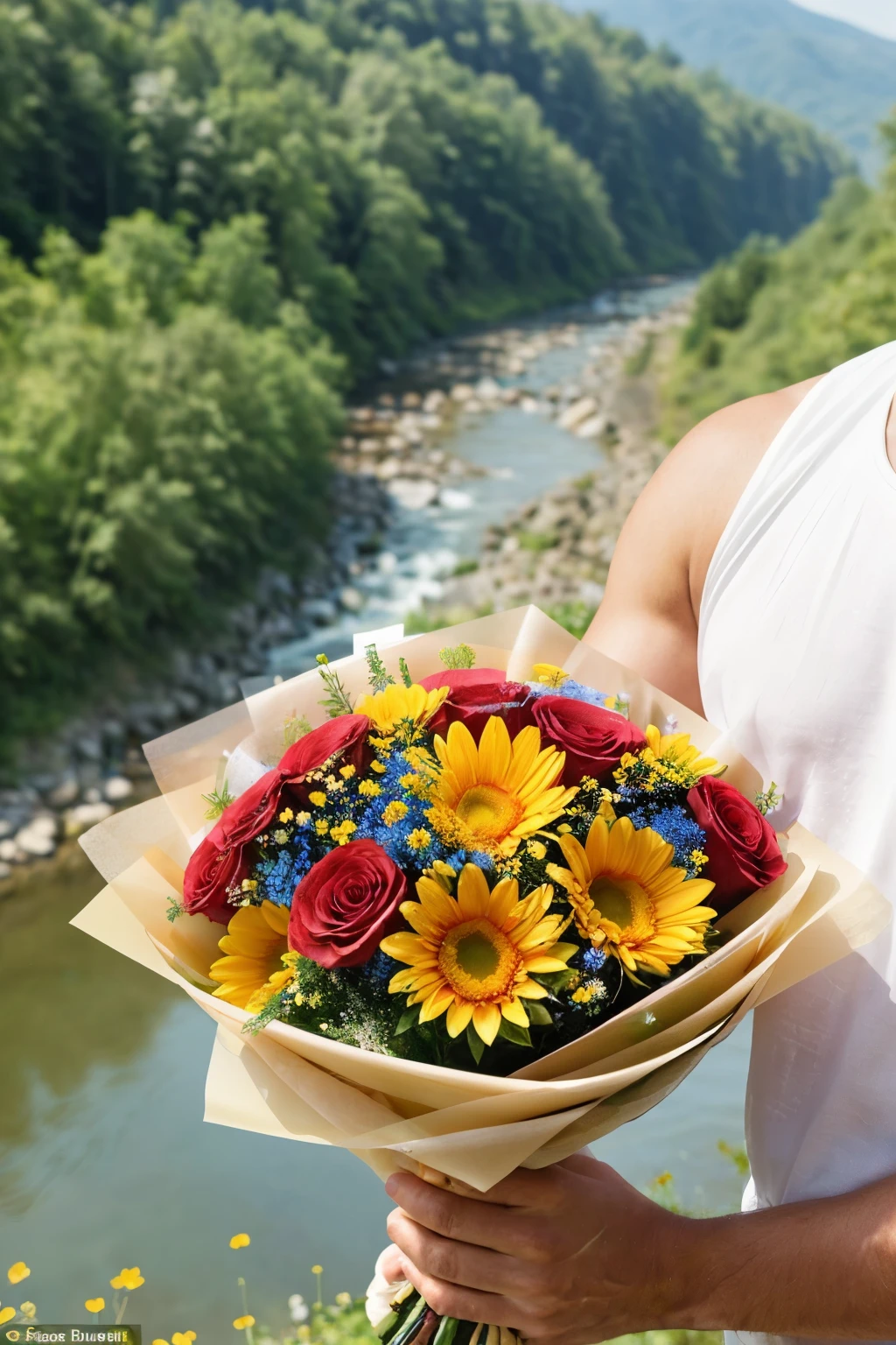 (((close-up: huge super realistic bouquet of summer flowers))), against the backdrop of a blooming river valley, ((no people in the frame)), (((the bouquet is held tightly by a strong male hand)))