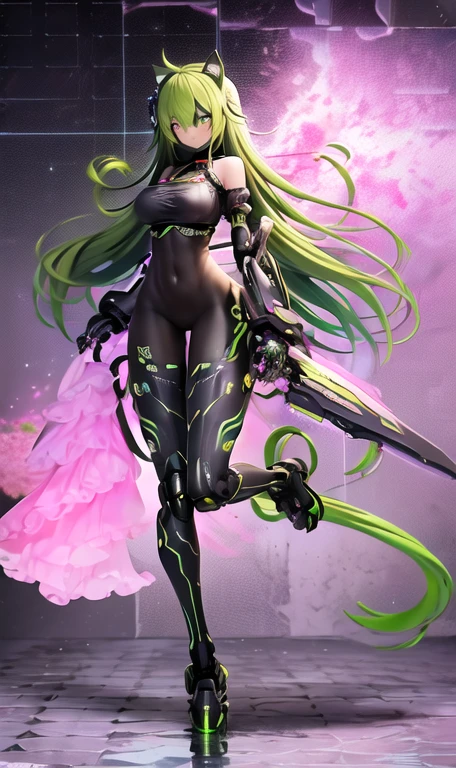 anime figure, figma,(detailed eyes))
1girl,((cat ears)),cat tail, ((long straight green hair:1.3)),big expressive neon green eyes,,expressive eyes,(((smile,blush wink))),(((full body:1.4))), ((mechanical full body suite, mecha)), feather robot wings,black kitten, cute, dynamic flirty pose, missiles on arms and shoulders, partial metal mask,standing on one leg looking at viewer ,shoulder trun to the viewer,black kitten sitting next to her, cute,flirty pose,AD ,decales,web AD
solo:1.5