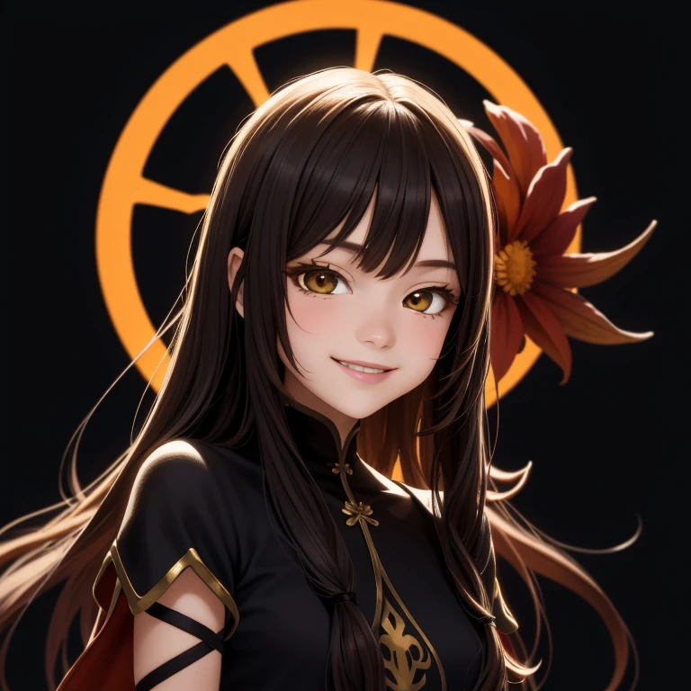 sticker,1 girl, simple background, portrait, girl with long hair, smiling girl, beautiful sunny girl, sun aesthetics, Beautiful girl, very beautiful fantasy art, beautiful and elegant female sun, beautiful detailed fantasy, Black background, cinnamon color scheme, cinnamon color theme, (Cinnamon theme color:1.2), (hex color #D2691E)