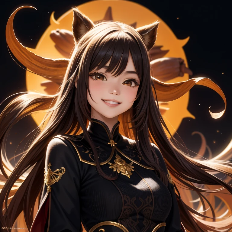 sticker,1 girl, simple background, portrait, girl with long hair, smiling girl, beautiful sunny girl, sun aesthetics, Beautiful girl, very beautiful fantasy art, beautiful and elegant female sun, beautiful detailed fantasy, Black background, cinnamon color scheme, cinnamon color theme, (Cinnamon theme color:1.2), (hex color #D2691E)