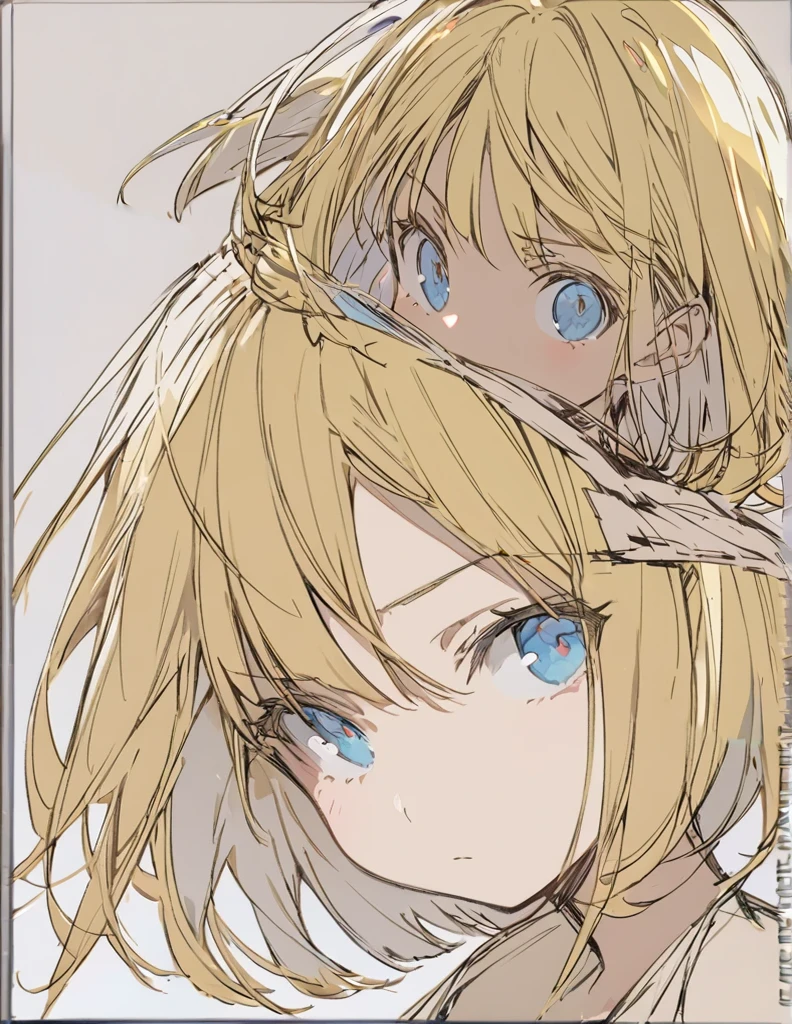 A girl fighting with golden flames(Sketches), (Open Close), (Small body), (Blonde:1.5） (Short Bob Hair:1.4), (Blue eyes)輝く
