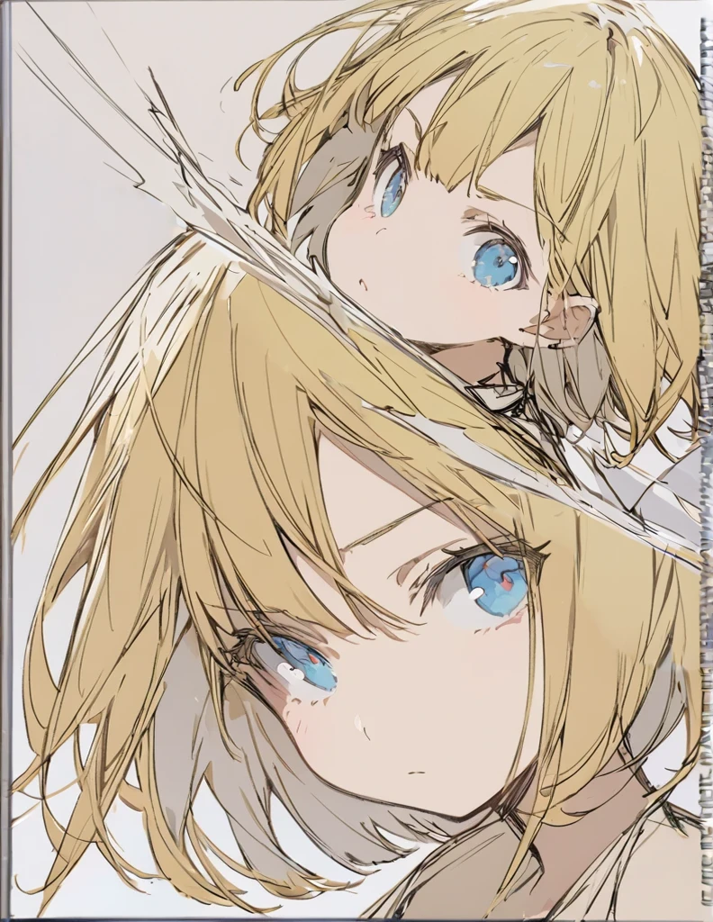 A girl fighting with golden flames(Sketches), (Open Close), (Small body), (Blonde:1.5) (Short Bob Hair:1.4), (Blue eyes)輝く