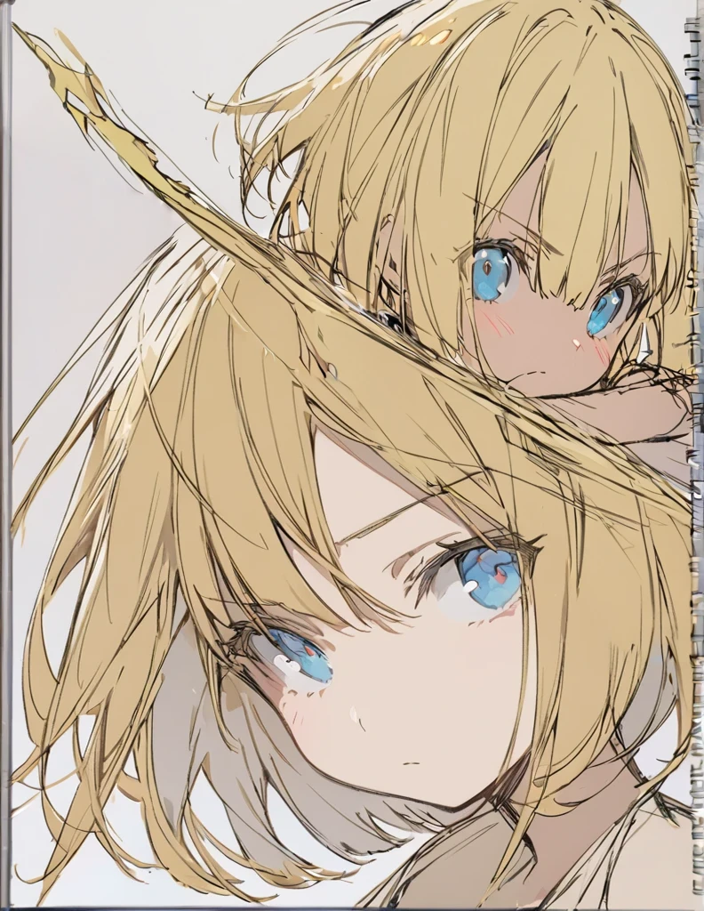 A girl fighting with golden flames(Sketches), (Open Close), (Small body), (Blonde:1.5) (Short Bob Hair:1.4), (Blue eyes)輝く