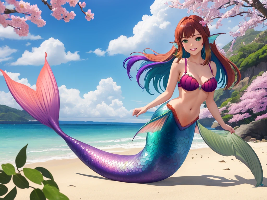 masterpiece, best quality:1.2), 1girl, smile, looking at viewer, green eyes, short brown multicolored hair, mermaid, mermaid girl, wearing purple seashell , laying on belly on beach, colorful mermaid tail, outdoors, head fins, fin ears, under cherry blossoms