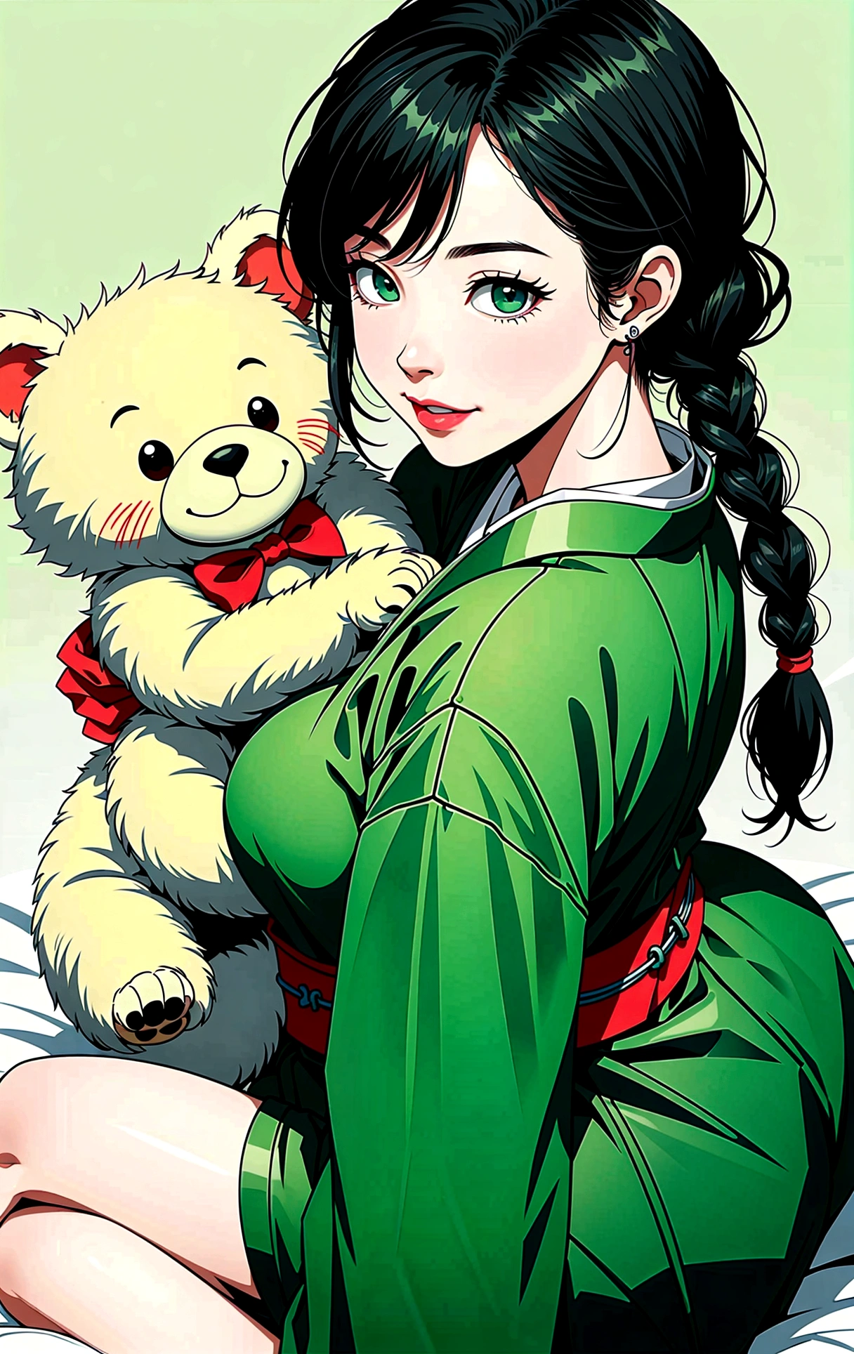 (​masterpiece, best quality), (Ultra high resolution, 8K-RAW-Foto, photorealistic, Textile shading, thin contour), araffe mature woman in a kimono, sitting on a bed and hugging a teddy bear, (wears dark green silk robes), Dark green hemp, (wear a Japanese kimono:1.2, traditional Japanese, japanese clothes), (noble yukata clothing), wear a haori, (mature woman, milf:1.5, 28 years old, alone), (largee Brust, sagging breast, large , Slender waist, large ass, curvy bodies), (medium length hair, Hair over one eye, asymmetric hair, low tied braid), (Smart students, detailled eyes, highly detail face), Eye candy, (sad smile), (looking down:1.3), (dynamic angle, from above), (correct anatomy:1.5, Right Hands), (ideal ratio of body proportions),