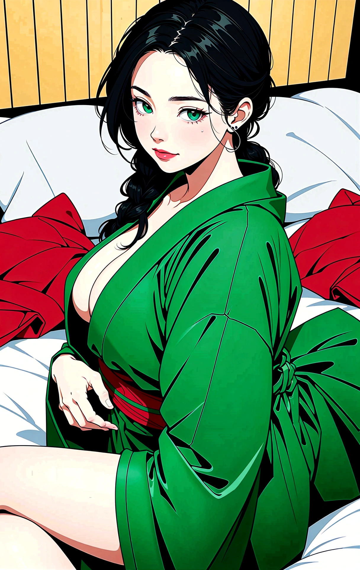 (​masterpiece, best quality), (Ultra high resolution, 8K-RAW-Foto, photorealistic, Textile shading, thin contour), araffe mature woman in a kimono, sitting on a bed and hugging a teddy bear, (wears dark green silk robes), Dark green hemp, (wear a Japanese kimono:1.2, traditional Japanese, japanese clothes), (noble yukata clothing), wear a haori, (mature woman, milf:1.5, 28 years old, alone), (largee Brust, sagging breast, large , Slender waist, large ass, curvy bodies), (medium length hair, Hair over one eye, asymmetric hair, low tied braid), (Smart students, detailled eyes, highly detail face), Eye candy, (sad smile), (looking down:1.3), (dynamic angle, from above), (correct anatomy:1.5, Right Hands), (ideal ratio of body proportions),