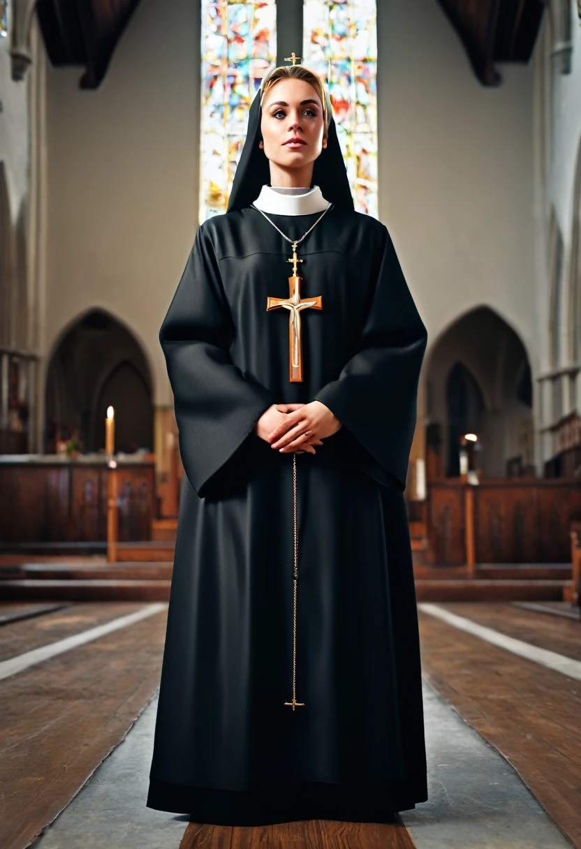 full body of a woman dressed as a priest in a church, no panties, no underwear, ((normal, amateur)), photorealistic, photo, masterpiece, realistic, realism, photorealism, high contrast, photorealistic digital art trending on Artstation 8k HD high definition detailed realistic, detailed, skin texture, hyper detailed, realistic skin texture, armature, best quality, ultra high res, (photorealistic:1.4),, high resolution, detailed, raw photo, sharp re, nikon d850 film stock photograph 4 kodak portra 400 camera f1.6 lens rich colors hyper realistic lifelike texture dramatic lighting unrealengine trending on artstation cinestill 800,