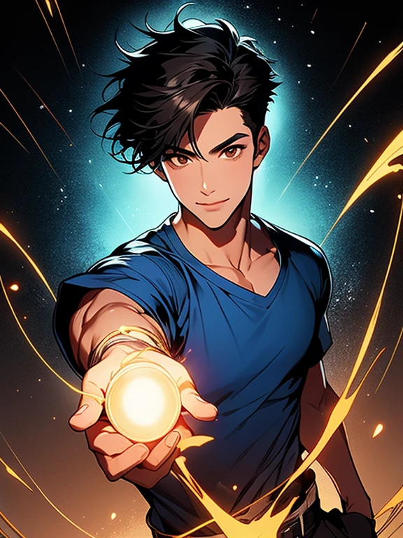 1boy,short black hair,high definition,brown eyes,glowing_eye,4k,handsome boy,highest quality,bright and light,colorful,blueshirt,night,smile,extend one's left hand,detail hand,